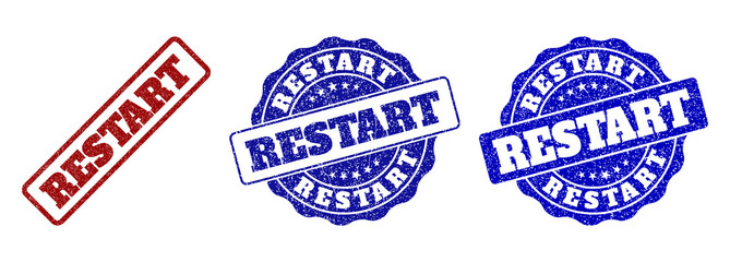 RESTART grunge stamp seals in red and blue colors. Vector RESTART overlays with grunge texture. Graphic elements are rounded rectangles, rosettes, circles and text tags.