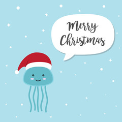 Jellyfish cartoon character. A Cute Jellyfish wearing Santa Claus hat standing on marine blue background.Flat design Vector illustration for Merry Christmas and Happy New Year invitation card.