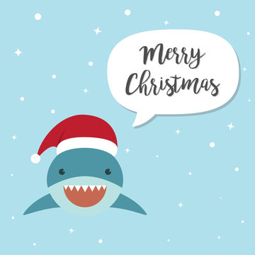 Shark cartoon character. A Cute shark wearing Santa Claus hat standing on marine blue background.Flat design Vector illustration for Merry Christmas and Happy New Year invitation card.