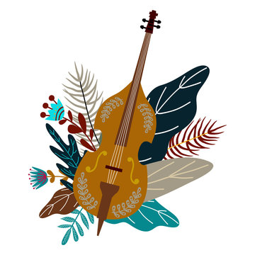 Isolated on white background cello and leaves with flowers. Decorative flat doodle element for design, vector