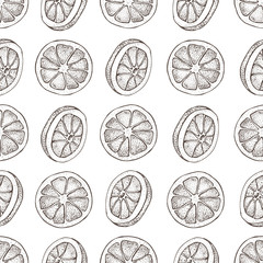 Vector seamless pattern with ink hand drawn citrus fruit, slices pieces sketch. Mandarin orange, tangerine, lime isolated on white background. Detailed vegetarian food  illustration