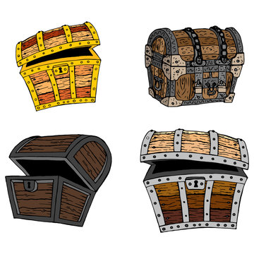 Set of chests icon. Vector illustration of an old wooden chest. Hand drawn set of pirate chests.