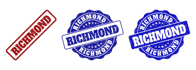 RICHMOND grunge stamp seals in red and blue colors. Vector RICHMOND watermarks with grunge surface. Graphic elements are rounded rectangles, rosettes, circles and text captions.