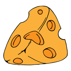 Piece of cheese with holes. Vector illustration of cheese with big holes. Hand drawn cartoon piece of cheese.