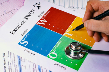 Human fill Exercise SWOT form sheet, stethoscope on light background. Flat lay