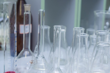 group object of laboratory limpid glassware, horizontal photo