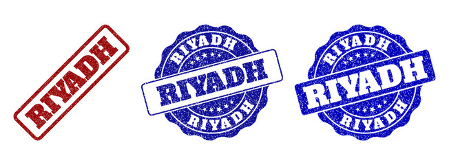 RIYADH grunge stamp seals in red and blue colors. Vector RIYADH labels with distress effect. Graphic elements are rounded rectangles, rosettes, circles and text labels.