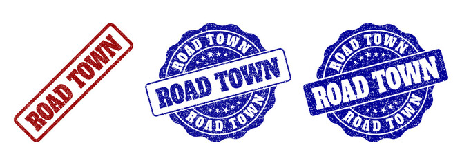 ROAD TOWN grunge stamp seals in red and blue colors. Vector ROAD TOWN labels with grunge surface. Graphic elements are rounded rectangles, rosettes, circles and text labels.