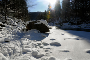 on a clear sunny day on a mountain river in winter