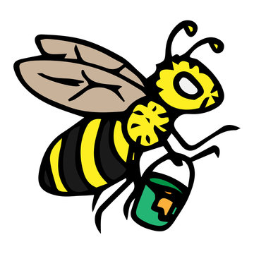 Bee, wasp with a bucket for honey icon. Vector illustration of a wasp, bee. Hand drawn logo bee, wasp.