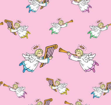 Little angels with musical instruments seamless pattern. Vector illustration of christmas angel seamless pattern. Hand drawn angels with wings.