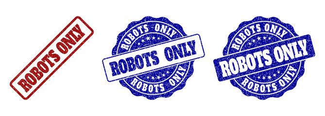 ROBOTS ONLY grunge stamp seals in red and blue colors. Vector ROBOTS ONLY imprints with grunge style. Graphic elements are rounded rectangles, rosettes, circles and text tags.