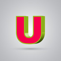 Watermelon 3D vector letter U uppercase. Red font with green border isolated on white background