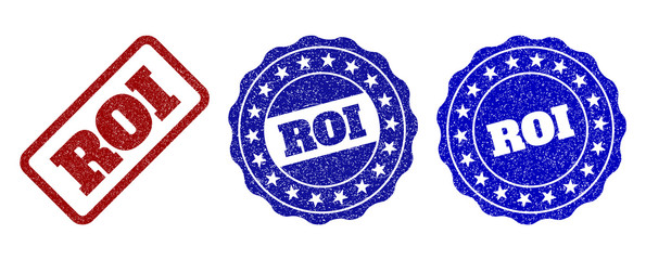 ROI grunge stamp seals in red and blue colors. Vector ROI marks with grainy texture. Graphic elements are rounded rectangles, rosettes, circles and text labels. Designed for rubber stamp imitations.