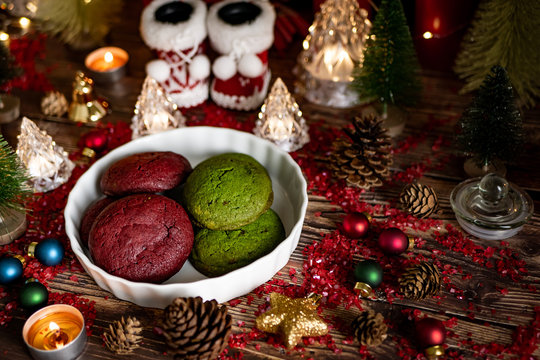 Christmas and winter holidays red and green cookies Set with Christmas decorations. - Powered by Adobe