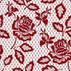 Red rose seamless lace pattern with rose on transparent background
