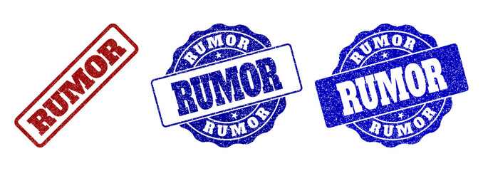 RUMOR grunge stamp seals in red and blue colors. Vector RUMOR overlays with grunge effect. Graphic elements are rounded rectangles, rosettes, circles and text titles.