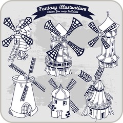 Fantasy illustration of Windmill for map building in hand draw vector format, black and whit, monochrome