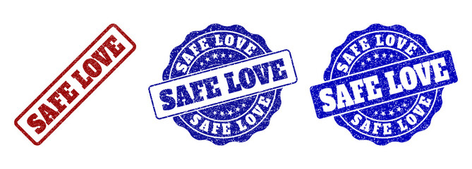 SAFE LOVE grunge stamp seals in red and blue colors. Vector SAFE LOVE labels with grunge style. Graphic elements are rounded rectangles, rosettes, circles and text titles.