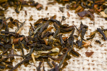 Indian Darjeeling loose black tea on jute burlap background, close up macro