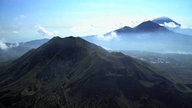 Aerial view Mt Batur Mt Abang Mt Agung Volcano Bali Indonesia Southeast Asia