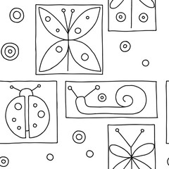 Seamless vector black and white background with hand drawn decorative childlike butterfly, ladybug, snail, dragonfly. Graphic illustration. Print for wrapping, wallpaper, background, packaging