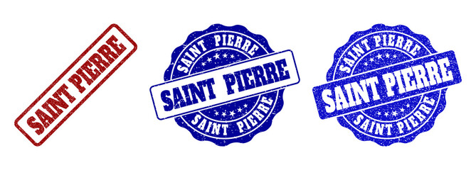 SAINT PIERRE grunge stamp seals in red and blue colors. Vector SAINT PIERRE labels with grainy style. Graphic elements are rounded rectangles, rosettes, circles and text labels.