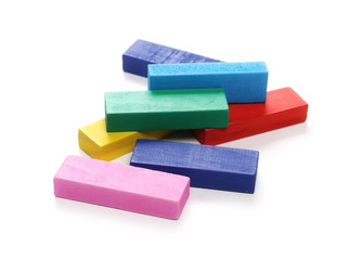 Wooden colorful building blocks for children, tower games isolated on white background