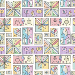 Seamless vector colorful decorative hand drawn pattern with geometrical motifs, flowers. Graphic vintage design. Print for wrapping, wallpaper, surface, packaging.