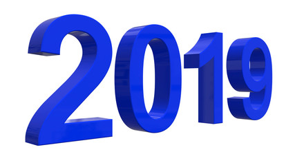 The number of 2019 in shiny blue numbers in front of a white background