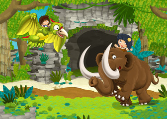 cartoon happy scene with caveman on mammoth in the jungle traveling and pterodacyl flying - illustration for children
