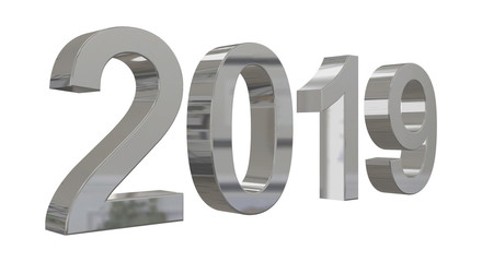 The year 2019 in shiny metallic silver numbers in front of a white background