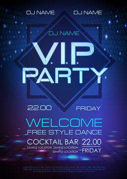 Neon sign. V.I.P. party. Disco poster