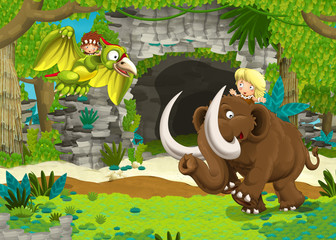 cartoon happy scene with caveman on mammoth in the jungle traveling and pterodacyl flying - illustration for children