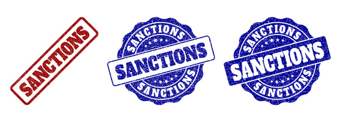 SANCTIONS grunge stamp seals in red and blue colors. Vector SANCTIONS labels with draft texture. Graphic elements are rounded rectangles, rosettes, circles and text labels.