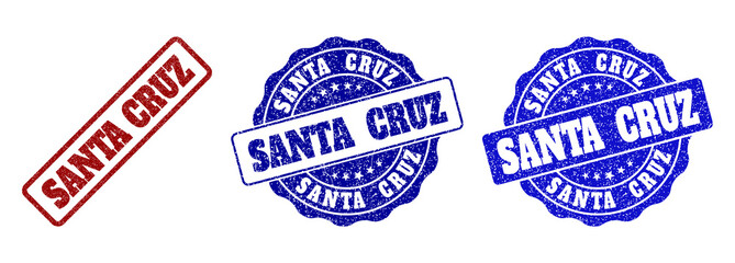 SANTA CRUZ scratched stamp seals in red and blue colors. Vector SANTA CRUZ labels with grainy texture. Graphic elements are rounded rectangles, rosettes, circles and text labels.