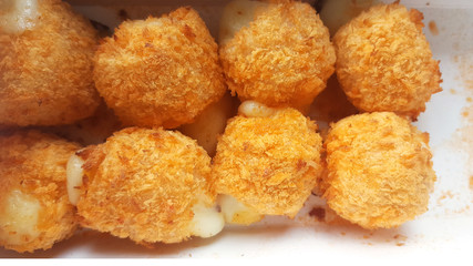 Snack menu Cheese bread balls fried on a white background.