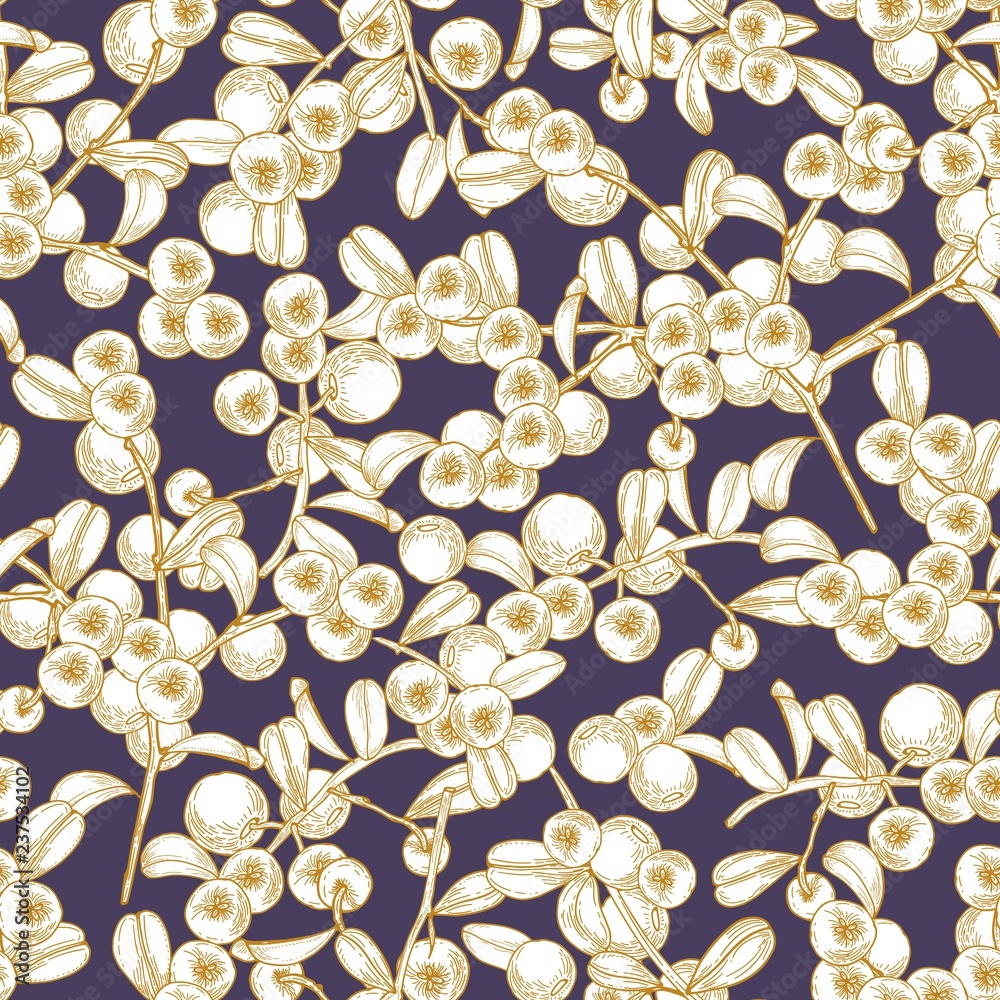 Poster seamless pattern with arctic lingonberry hand drawn with contour lines on blue background. backdrop 