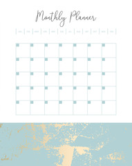 Trendy chic feminine template of Monthly Planner in tropical style and gold dust textured background