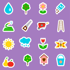 Gardening icon set on violet background. Vector illustration in flat style