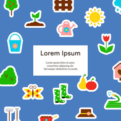Template for banners, landskape page, cards with garden icons on blue background. Vector illustration in flat style