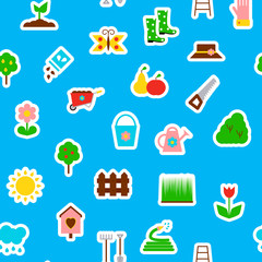 Seamless pattern with garden icons on blue background. Vector illustration.