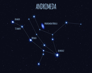 Andromeda constellation, vector illustration with the names of basic stars against the starry sky