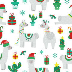 Seamless Christmas pattern. Cute cartoon llama, snowflakes and cactus. Flat illustration.