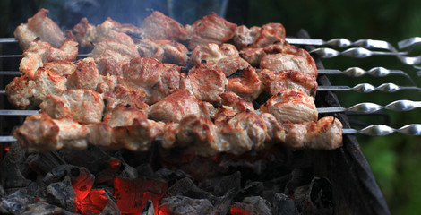 Meat And Vegetable Kebabs On The Hot BBQ Grill. Flaming Charcoal In The Background. Snack For Outdoor Summer Barbeque Party. Family dinner in the open air.