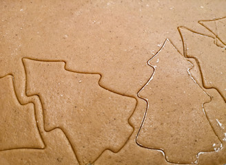 Gingerbread cookie dough, brown, and with tree shape cut out at close/up