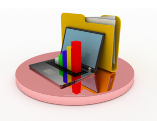 laptop with chart and file folder. 3d illustration