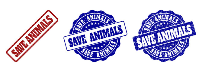 SAVE ANIMALS grunge stamp seals in red and blue colors. Vector SAVE ANIMALS labels with scratced texture. Graphic elements are rounded rectangles, rosettes, circles and text labels.