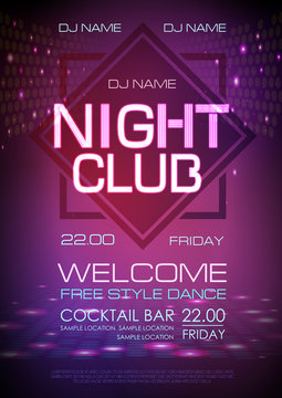 Disco abstract background. Neon sign Night club poster.