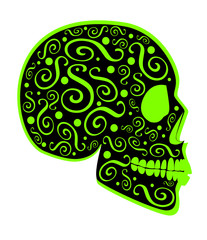 Neon lime green skull icon side on with ornament details, abstract background vector